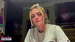 Petite blonde rubs nipples and fingers shaved pussy