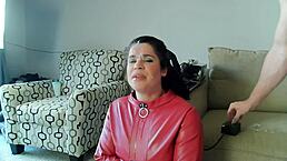 Wife's Head on Fucking Machine for Greatest Sloppy BJ with Brunette Choking. Teasing Slut Takes Cum in Mouth During Wild Face Fucking.