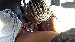 ebony babe gives hardcore blowjob in car's backseat outdoors