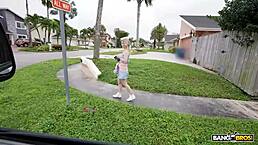 Petite blonde enjoys a messy facial in the Bang Bus