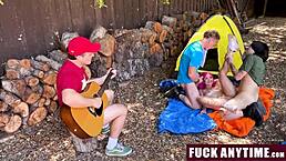 Three boys freeuse hot chick during wild camping trip with hardcore action