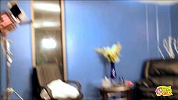 Blonde and brunette beauties drill each other with a dildo