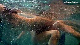 Russian lesbians Katka and Barbara flash bouncing tits underwater!