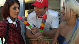 I’m obsessed with two sexy cheerleaders handling a huge cock together