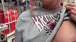 check out this busty babe flashing tits in the store!