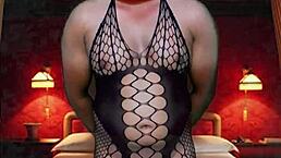 trying on full body stocking with blue masquerade mask