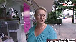 a huge cock stretches brunette milf's tight ass outdoors, her big tits bouncing