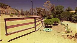 Eva Angelina deepthroats and bangs a thick cock in the open air.