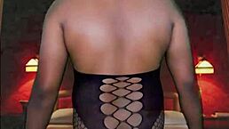 trying on full body stocking with blue masquerade mask