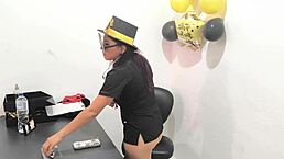 New executive tries anal plug at work, moaning like crazy.