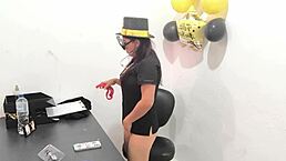 New executive tries anal plug at work, moaning like crazy.