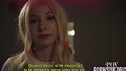 Stepmother addicted to semen, watch her big tits and ass get covered in cum in full Spanish sub.