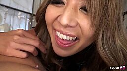 Japanese tanned beauty with small tits gets deep creampie in uncensored JAV action.