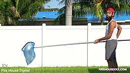 yo, new pool boy scores big with ebony babe on day one!