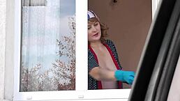 i saw a naked milf in stockings washing windows. driver couldn’t look away from her shaved body.