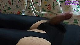 First-time solo in nylon leggings, masturbating in swimsuit crotch until explosive finish.