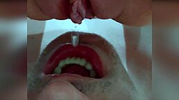 this dominatrix forces her chubby sub to drink pee while sitting on his face in close-up action