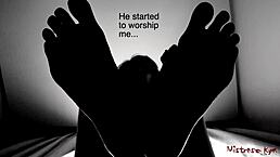 mistress makes her sub worship feet in femdom domination with humiliation and orgasm