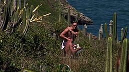 Beautiful Beach Threesome with Wet Brunette Babe Bent Over for Anal. She Rides Cowgirl Style in Stunning Coastal Group Action.