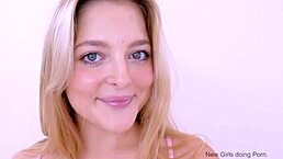 Feeling the pleasure as this cute blonde gets her throat fucked.