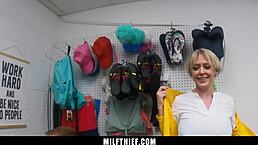 Shoplifting milf knows how to convince the guard with her skills!