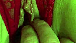 Shaved Pussy in Red Thongs All Wet