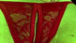 Shaved Pussy in Red Thongs All Wet