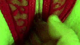 Shaved Pussy in Red Thongs All Wet