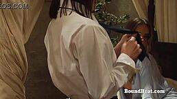 Busty pale lesbian slave with big natural boobs whipped hard in bondage.