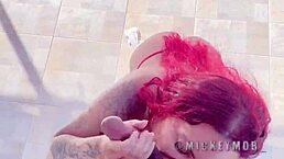 Santana Red gives blowjob to monster cock outside