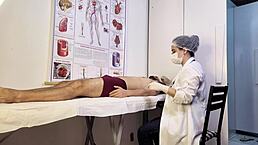 patient can’t resist and gets hard during exam with nurse. the sensual brunette handles his big cock.