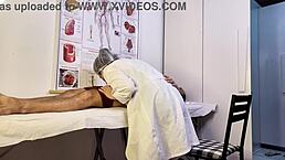 patient can’t resist and gets hard during exam with nurse. the sensual brunette handles his big cock.