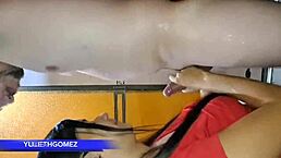 at the gym, i’m givin my stepdad a sloppy blowjob while trainer watches, so real!