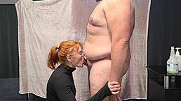 chubby guy gets his belly kissed by hot redhead before blowjob and facial cumshot.