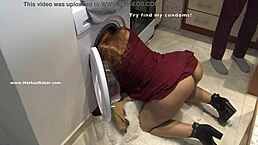 Silly latina maid gets stuck in washing machine.