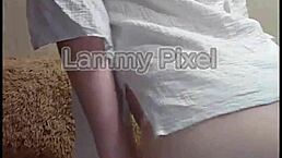 Horny brunette Lammy Pixel stripteases in lingerie, flaunting gorgeous ass!