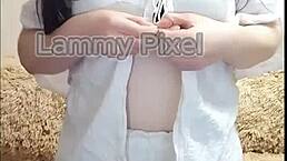 Horny brunette Lammy Pixel stripteases in lingerie, flaunting gorgeous ass!