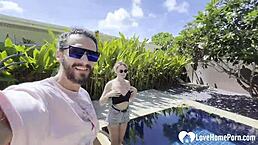 Hot Babe Strips and Kisses Poolside