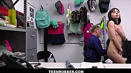 Petite 18+ brunette Aria Valencia caught shoplifting in the office