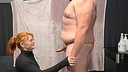 chubby guy gets his belly kissed by hot redhead before blowjob and facial cumshot.