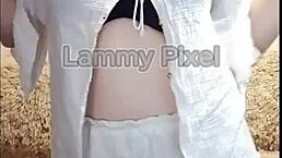 Horny brunette Lammy Pixel stripteases in lingerie, flaunting gorgeous ass!