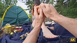 russian chloe jumps on huge dick in front of boyfriend during camping