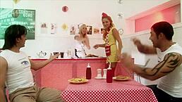 milf waitresses diana gold and eva mercedes in ffmm foodie foursome with monster cocks, facials, cumshots