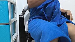 girl masturbates her shaved pussy with a giant dildo in close-up