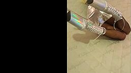 Hey, check out this petite Latina in fishnets and heels! 😍