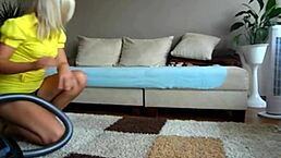 Sophie Vacuums Pussy in Yellow Miniskirt