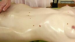First Time Pussy Massage for Domna with Oiled Teen Body in Lesbian Play