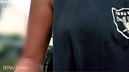 The housewife dares to flash her big tits on the street, getting caught in public exhibitionism.