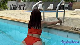 sexy latina in bikini seduces in pool, sucks and rides at home