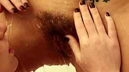 i'm scissoring in the shower with my girlfriend's hairy pussy, dripping wet and licking to orgasm